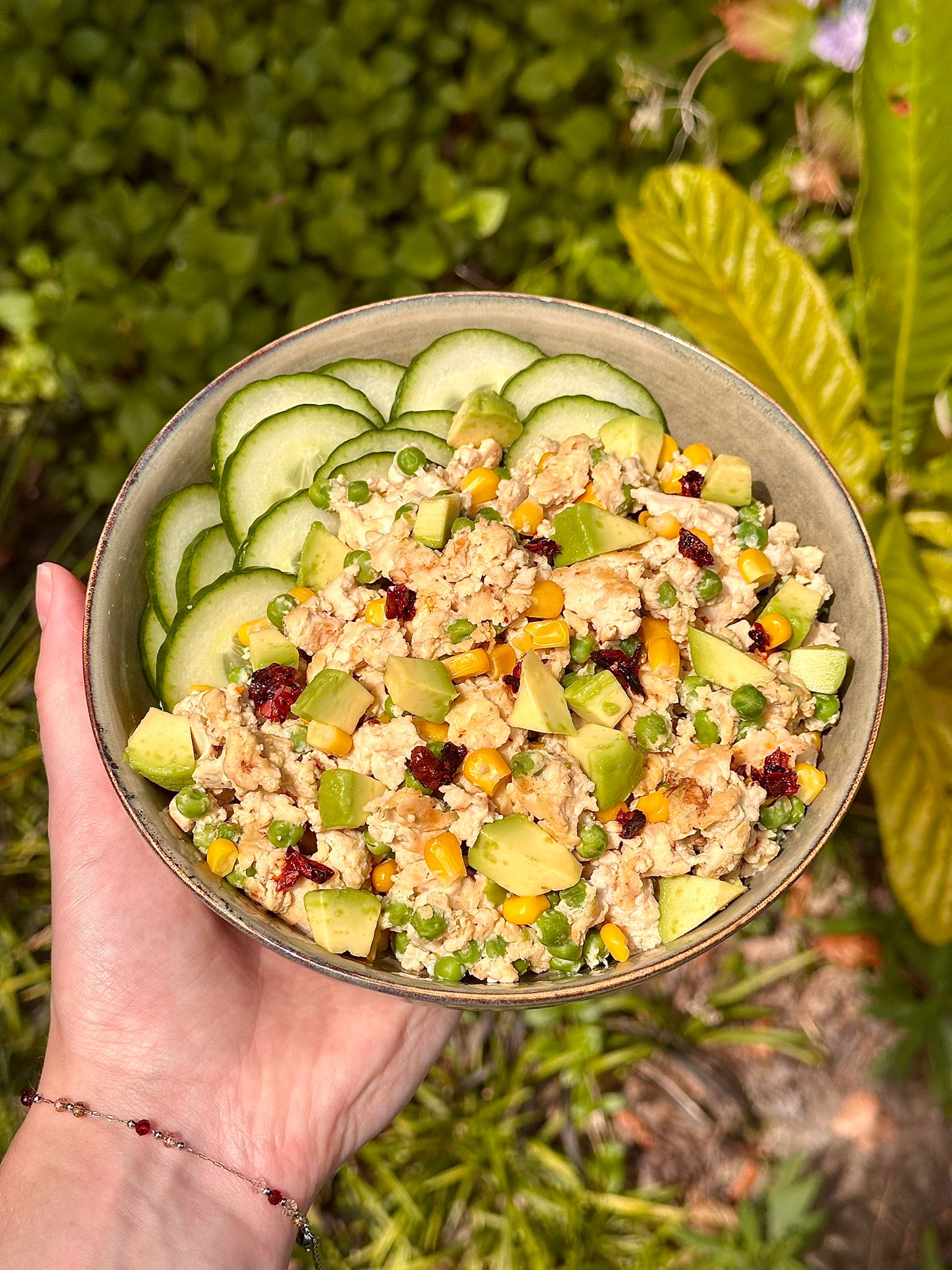 miso scrambled eggs with tofu, corn and peas